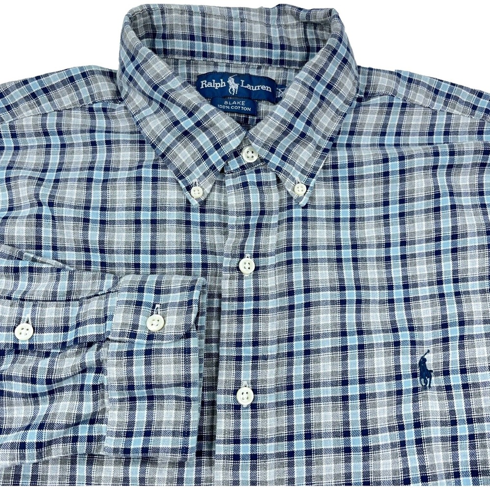 Ralph Lauren Flannel Shirt Men XL Blue Gray Plaid Button Up Blake Soft Tartan